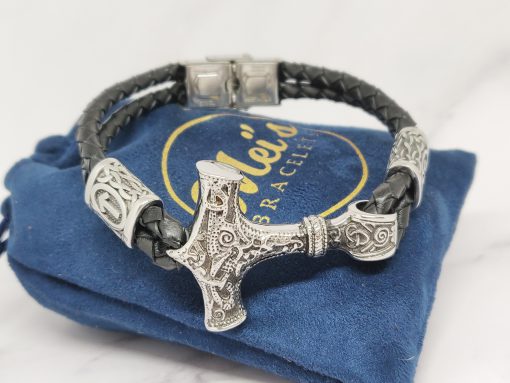 Mei's Viking armband | Hammer & Runes | Stainless Steel / Echt leder | zwart zilver