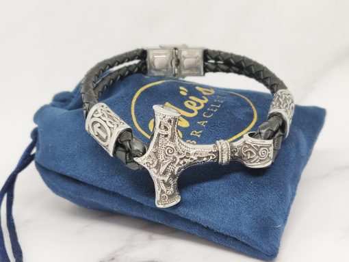 Mei's Viking armband | Hammer & Runes | Stainless Steel / Echt leder | zwart zilver - Afbeelding 2