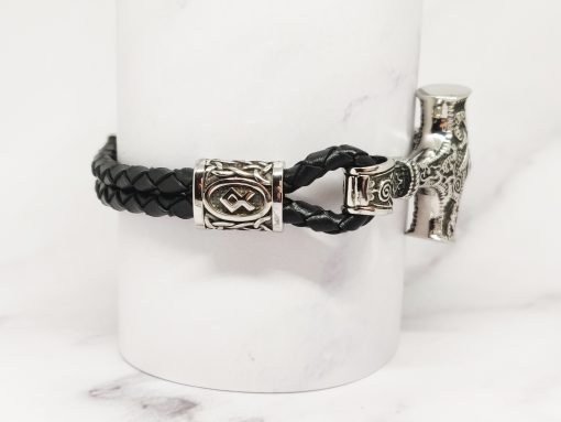 Mei's Viking armband | Hammer & Runes | Stainless Steel / Echt leder | zwart zilver - Afbeelding 4