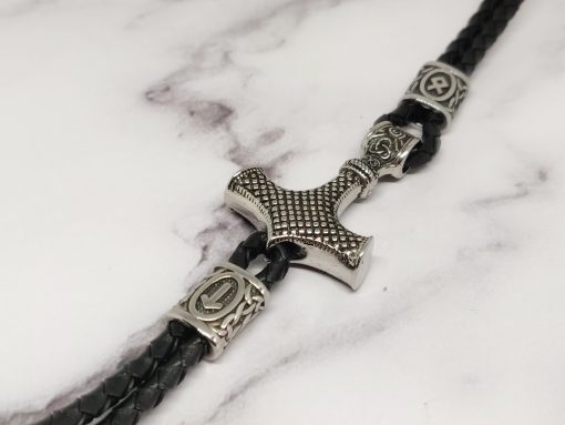 Mei's Viking armband | Hammer & Runes | Stainless Steel / Echt leder | zwart zilver - Afbeelding 7