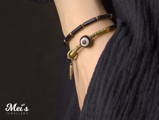 Mei's Tibetan armband | Onyx Rod | Edelsteen | zwart / goud - Afbeelding 2